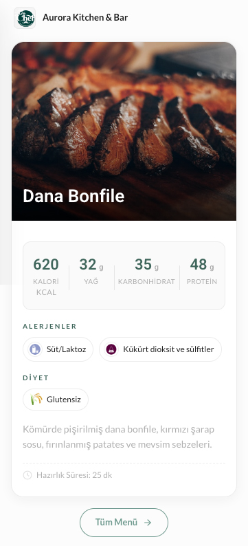 QR ile açılan ürün bilgi sayfası — Aurora Kitchen & Bar, Dana Bonfile örneği