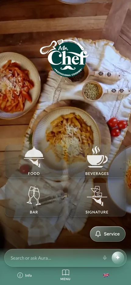 The demo menu on a phone: category cards, the Aura search bar and the service call button