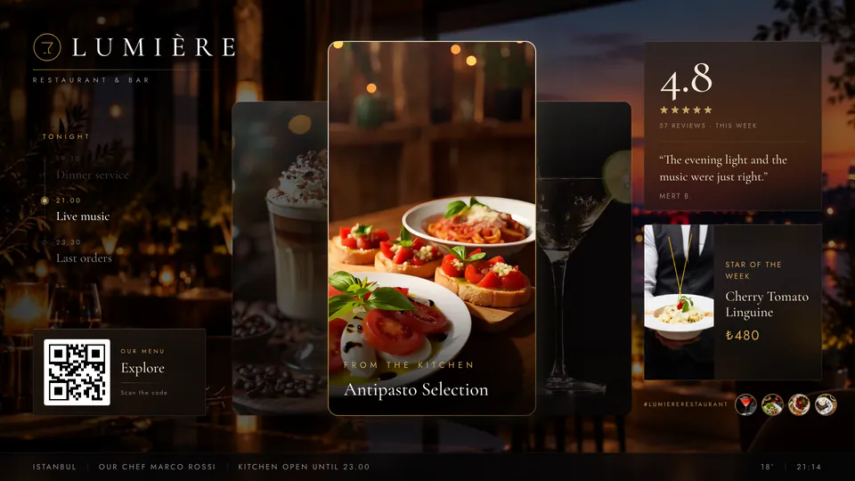 Venue Screen — the restaurant's TV showing the brand, tonight's programme, featured dishes, a guest review and the menu QR code on one screen