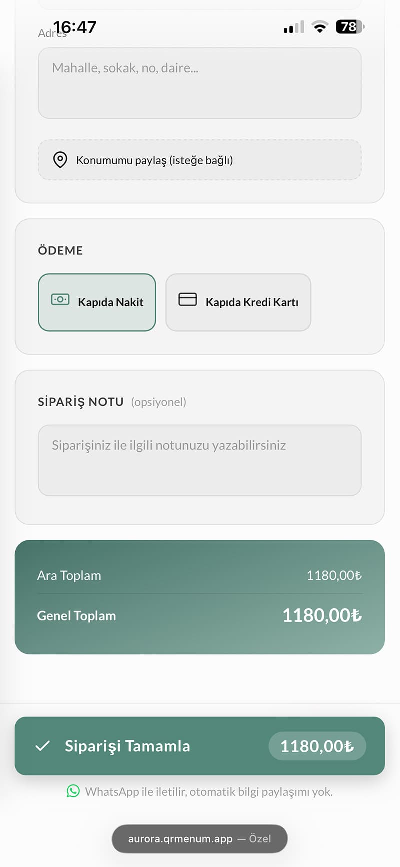 WhatsApp komisyonsuz paket servis sipariş gönderim ekranı