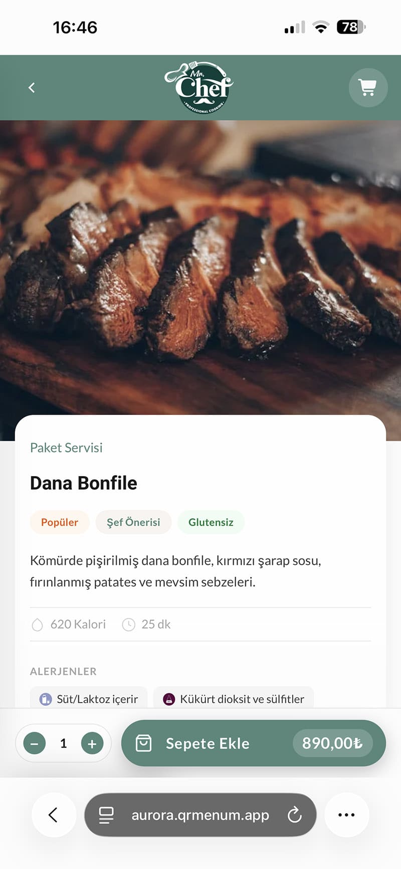 QR menü paket servis — ürün detay ekranı, müşteri sipariş veriyor